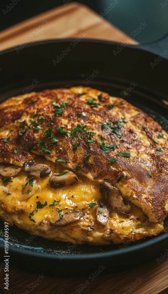 A delicious mushroom and cheese omelette, cooked to perfection in a cast iron skillet. Garnished with fresh herbs. A delicious mushroom and cheese omelette, cooked to perfection in a cast iron skillet. Garnished with fresh herbs.