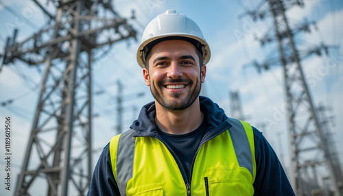 Smiling electrical engineer standing near high voltage power tower on a sunny day. Electricians Day photo