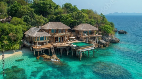 Luxurious oceanfront resort with thatched roofs and stunning turquoise waters...