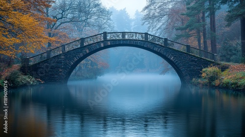 Serene stone bridge shrouded in morning mist reflecting in quiet waters of tr...