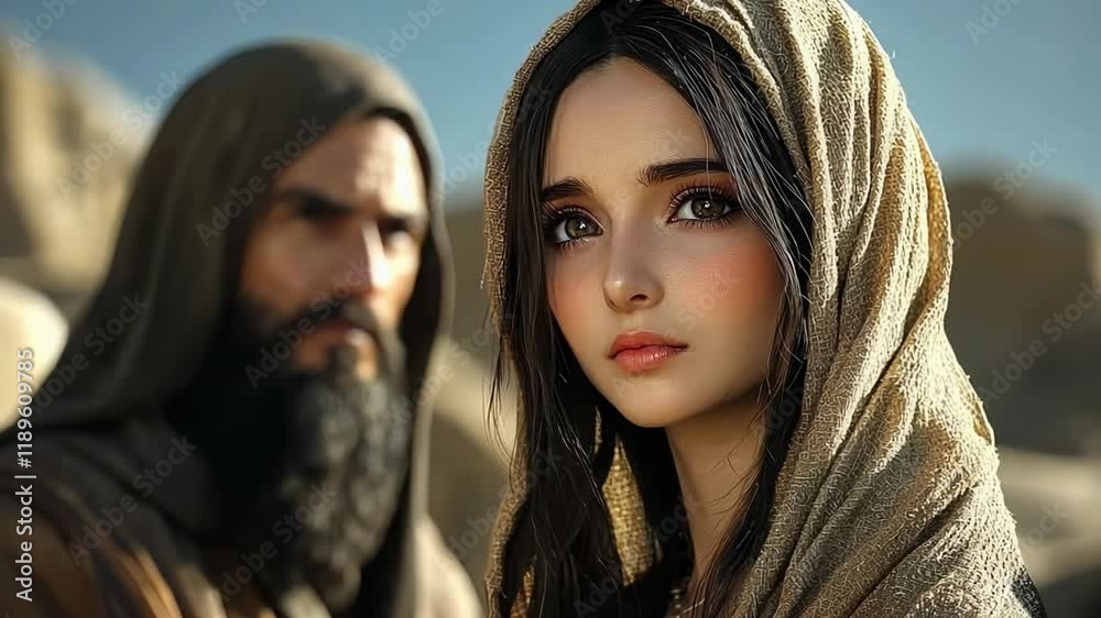 Mary Magdalene stands poised in a dramatic landscape, reflecting on her transformative experiences. She connects with her faith and surroundings, captured in a timeless setting.