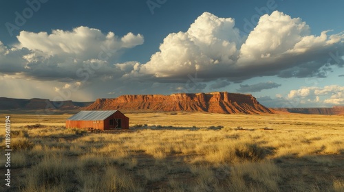 Rustic cabin under dramatic clouds in a vast desert landscape with mesas at s...