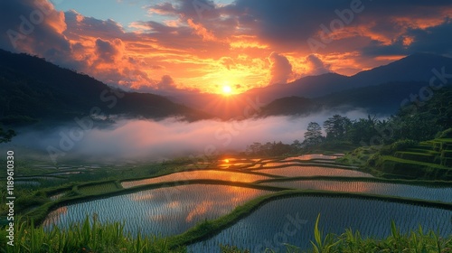 Golden sunset over terraced rice fields with mist in mountain valley