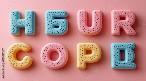 Colorful sponge letters arranged on a pink background for creative decoration...