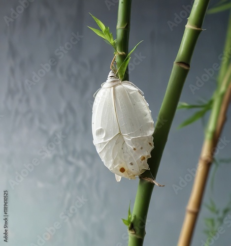Small white butterfly chrysalis on a small twig of bamboo cane, bamboo, chrysalis, small