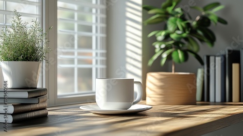 Sunlight streaming through windows onto a wooden table with plants and stacke...