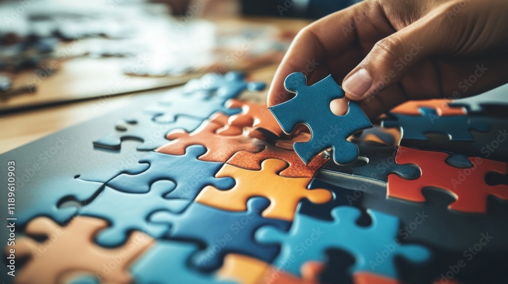 Hand placing puzzle piece, teamwork, problem solving. Hand placing puzzle piece, teamwork, problem solving.