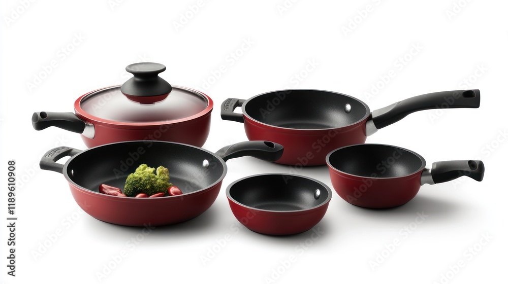 Red cookware set with glass lid, pans, and vegetables. Red cookware set with glass lid, pans, and vegetables.