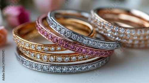 Colorful rings arranged aesthetically on a table showcasing vibrant designs a...