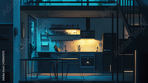 Dark late evening scene, modern mansard mezzanine, kitchen with cabinets and appliances. iron beams and resin floor. minimalist interior design. Moonshard. Illustration