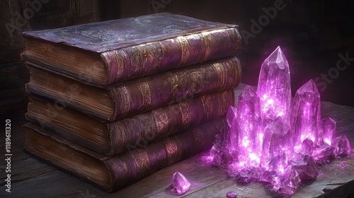 Magical crystals and ancient books create a mystical atmosphere in a serene f...