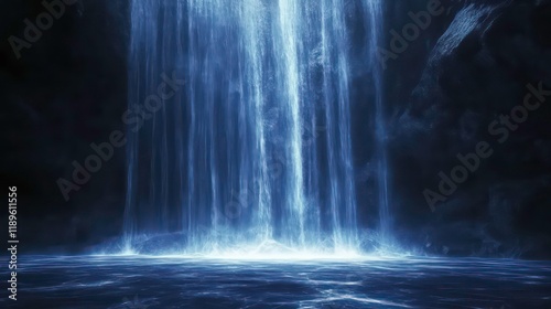 Majestic waterfall cascading into a serene pool, illuminated by ethereal blue light.