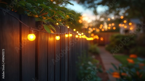 Decorative strings of lights illuminate a garden pathway during twilight hours