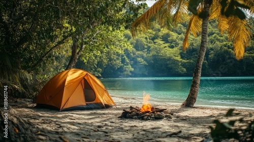 Camping by a tranquil beach with an orange tent and a warm campfire in the pe...