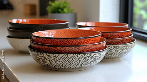 Beautifully crafted ceramic bowls displayed on a countertop in a cozy kitchen...