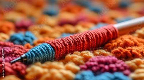 Vibrant yarn and crochet hook on a colorful handmade blanket in a cozy crafti...