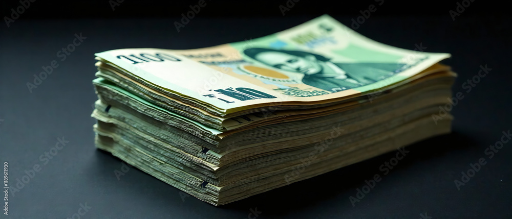 A stack of intricately designed banknotes, layered with depth and a sense of prosperity. High-contrast lighting emphasizes the texture of the paper, with a dramatic mood. Detailed, realistic style, A stack of intricately designed banknotes, layered with depth and a sense of prosperity. High-contrast lighting emphasizes the texture of the paper, with a dramatic mood. Detailed, realistic style,