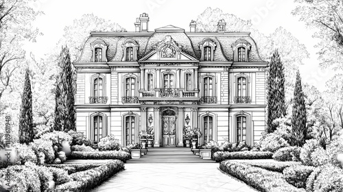 Hand-drawn illustration of a grand french-style mansion with a mansard roof, symmetrical facade, and lush landscaping. Moonshard. Illustration
