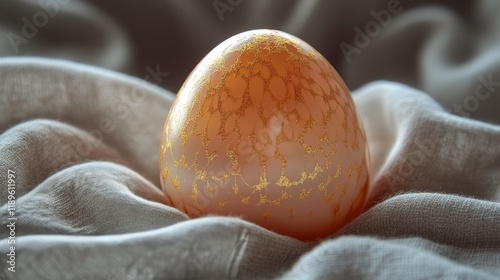 Decorative egg with golden specks resting on soft fabric in natural light photo