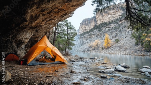 Exploring a peaceful cave campsite with a tent in a stunning rocky landscape ...