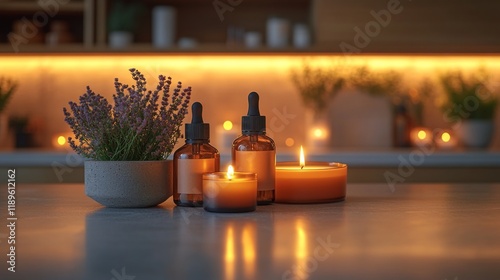 Relaxing spa setting with natural oils and towels in a bright, soothing envir...