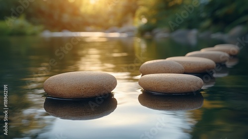 Natural river landscape with engraved stone near flowing water in a serene fo...