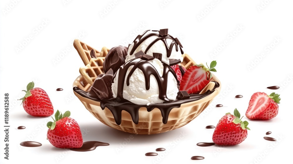 Delicious waffle bowl dessert with vanilla ice cream, chocolate sauce, strawberries, and chocolate chunks. Delicious waffle bowl dessert with vanilla ice cream, chocolate sauce, strawberries, and chocolate chunks.