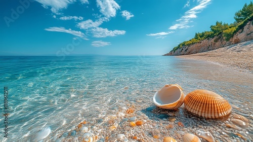 Serene beach landscape with clear turquoise waters and gentle waves in a trop...