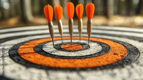 Darts arranged on a traditional dartboard with bold colors and crisp details