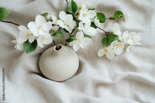 Vase with Branches of Delicate White Flowers on Soft Fabric Celebrating International Women's Day with Natural Elegance Concept photo