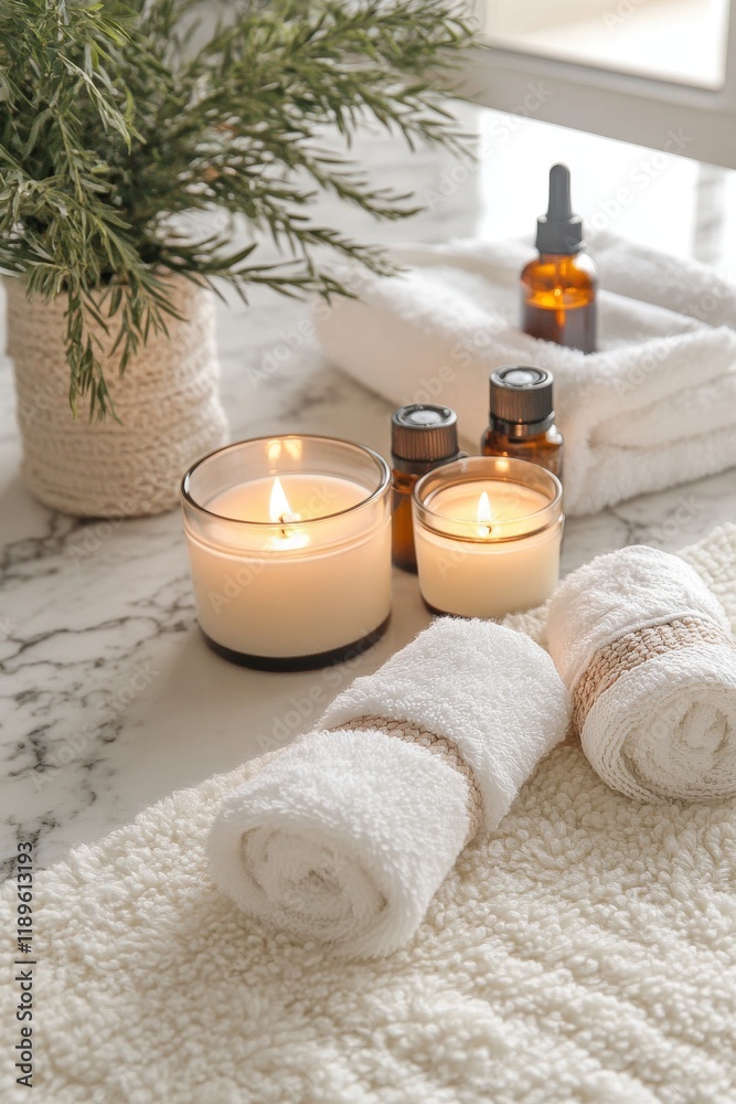 Spa setting with candles, essential oils, and rolled-up towels on a marble surface Spa setting with candles, essential oils, and rolled-up towels on a marble surface