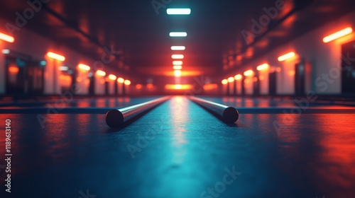 Brightly lit indoor sports facility with blue flooring and spacious layout