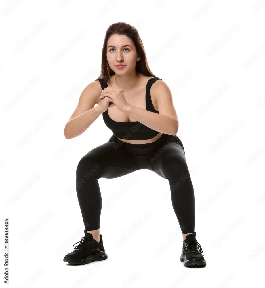 Woman in sportswear exercising on white background Woman in sportswear exercising on white background
