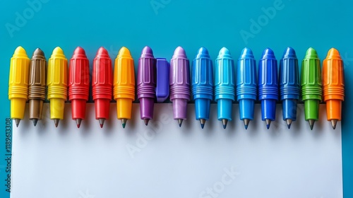 Colorful assortment of gel pens arranged on a vibrant blue background with bl...