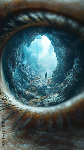 Surreal depiction of a human eye blending with natural elements, featuring landscapes and skies within the iris, symbolizing introspection and the connection between humanity and nature photo