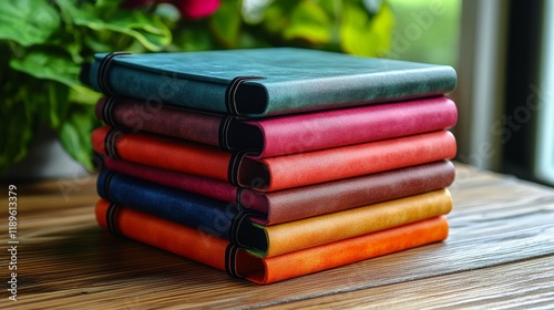 Stack of blank books on wooden table for creative writing or journaling