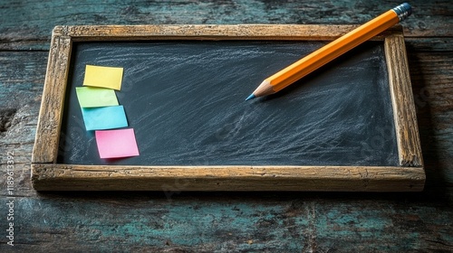 Blackboard with colorful sticky notes and a pencil placed on a textured backg...