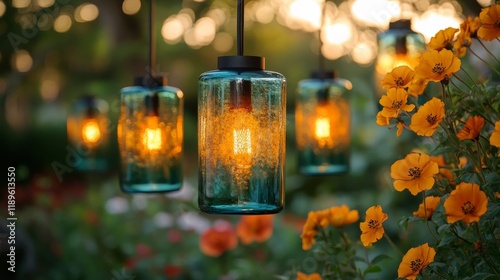 Colorful hanging lanterns illuminate a vibrant garden filled with blooming fl...