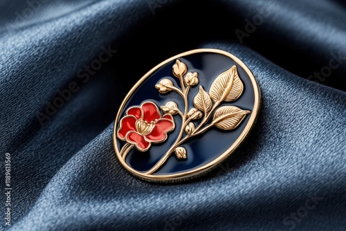 Feminist Symbol on Elegant Brooch, Gold Floral Design, Glowing Red Rose, International Women's Day, March 8 Jewelry, Feminism Concept photo