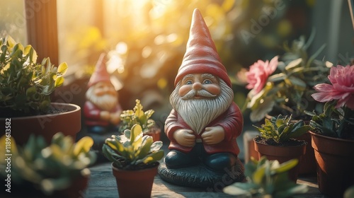 Garden gnomes standing side by side in a vibrant outdoor setting during golde...