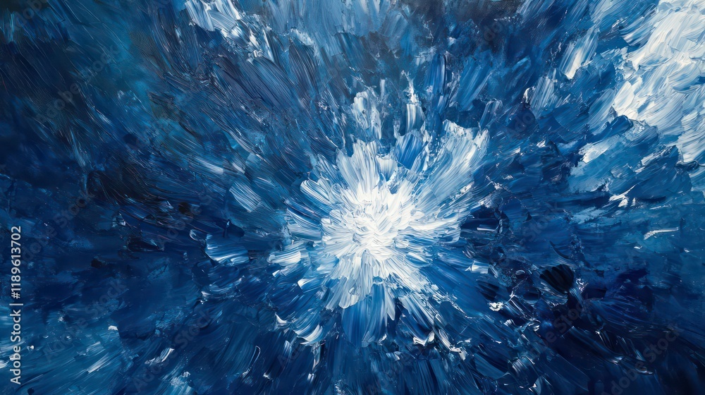 Fototapeta premium Abstract blue and white impasto painting with radiating brushstrokes, creating a dynamic, energetic visual texture.