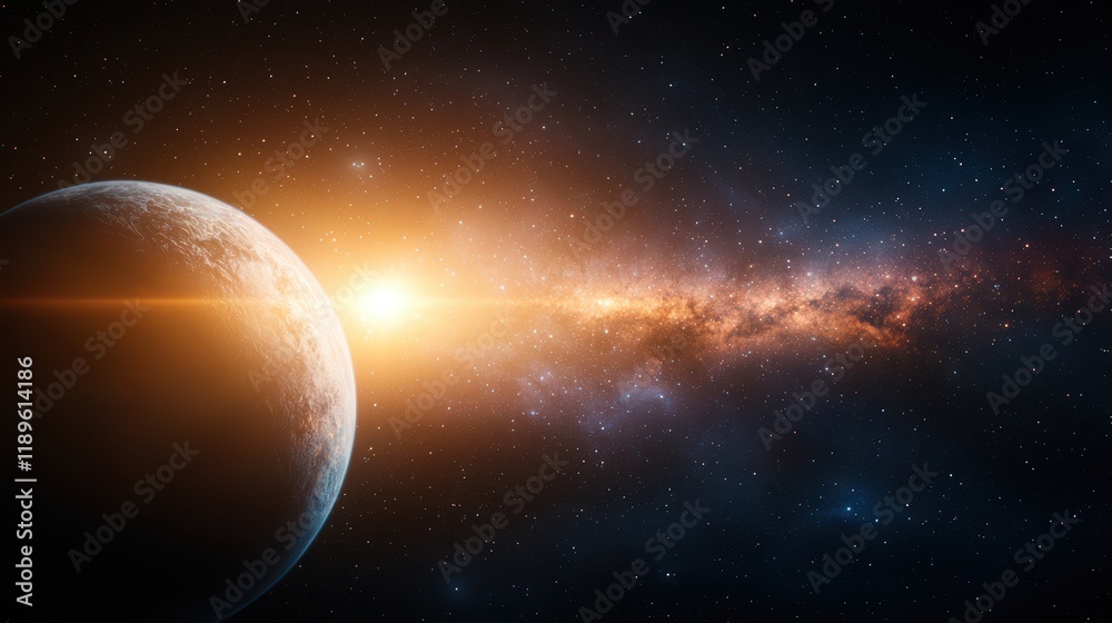 Fototapeta premium Stunning cosmic sunrise over distant planet and milky way galaxy