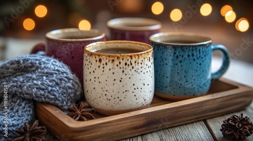 Warm coffee mugs arranged on a wooden tray in a cozy setting with soft lights