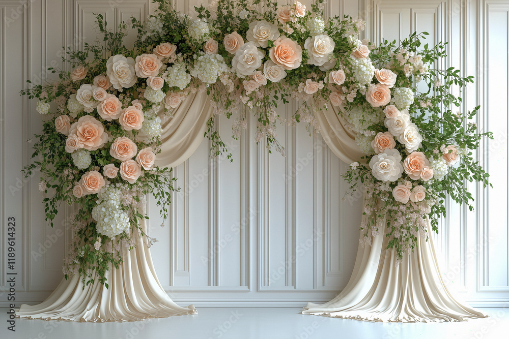 Fototapeta premium Digital party backdrop with balloon arch, floral arch, wedding backdrop, party background, balloons, drapery, dried flowers, Boho, composite backdrop