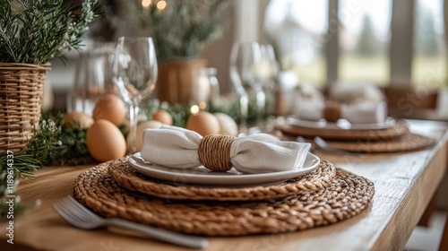 Elegant Easter table setting with pastel decorations and floral arrangements ...