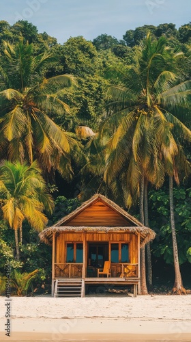 Palm trees surround a cozy beach hut in a tropical paradise at sunset