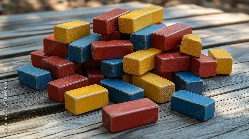 Colorful wooden blocks arranged in a playful stack on a rustic wooden surface in outdoor sunlight Colorful wooden blocks arranged in a playful stack on a rustic wooden surface in outdoor sunlight