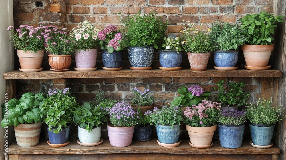 Shelf filled with various potted herbs and plants in sunny indoor setting Shelf filled with various potted herbs and plants in sunny indoor setting