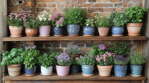 Shelf filled with various potted herbs and plants in sunny indoor setting