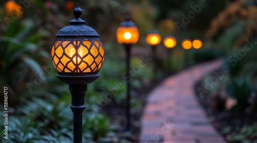 Softly glowing lanterns line a tranquil garden path during twilight in a sere...